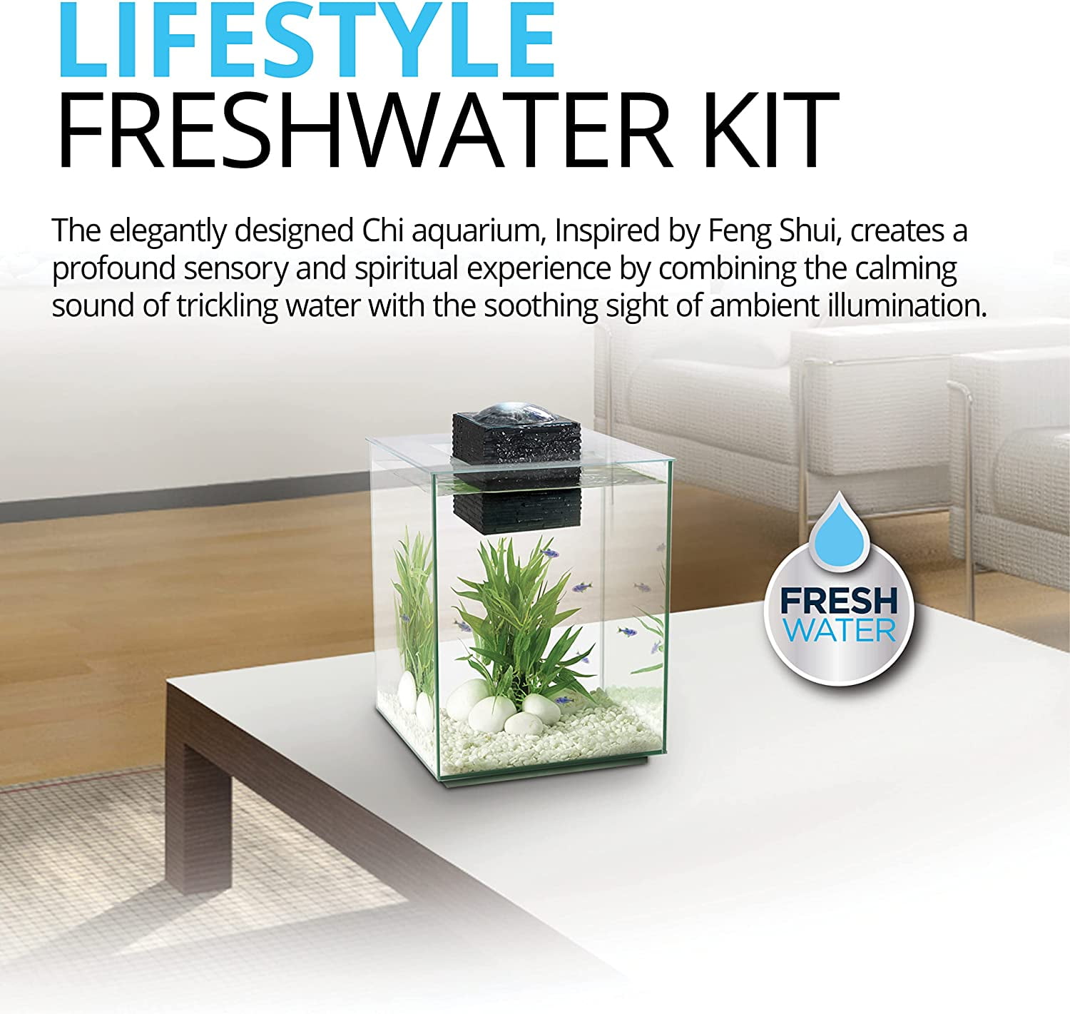 Chi II Series Aquarium Set, 5-Gallon – Aquarium Tank with Ambient LED Lighting, Flowing Water, and Elegant Design, White 2